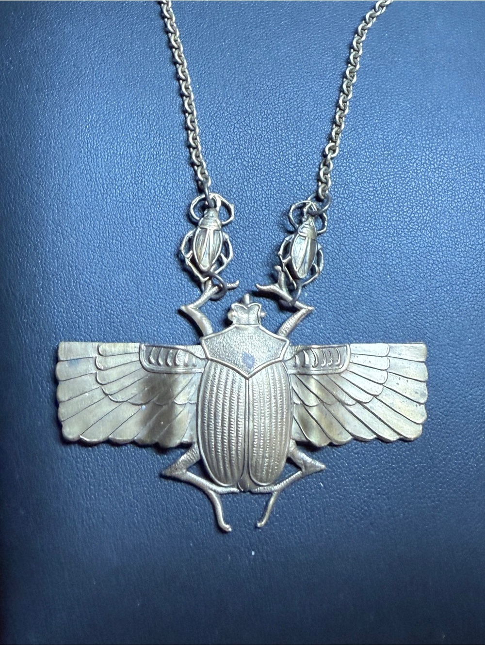 Vintage Art Deco Scarab Necklace Egyptian Revival Statement Jewelry Brass - Picture 5 of 6